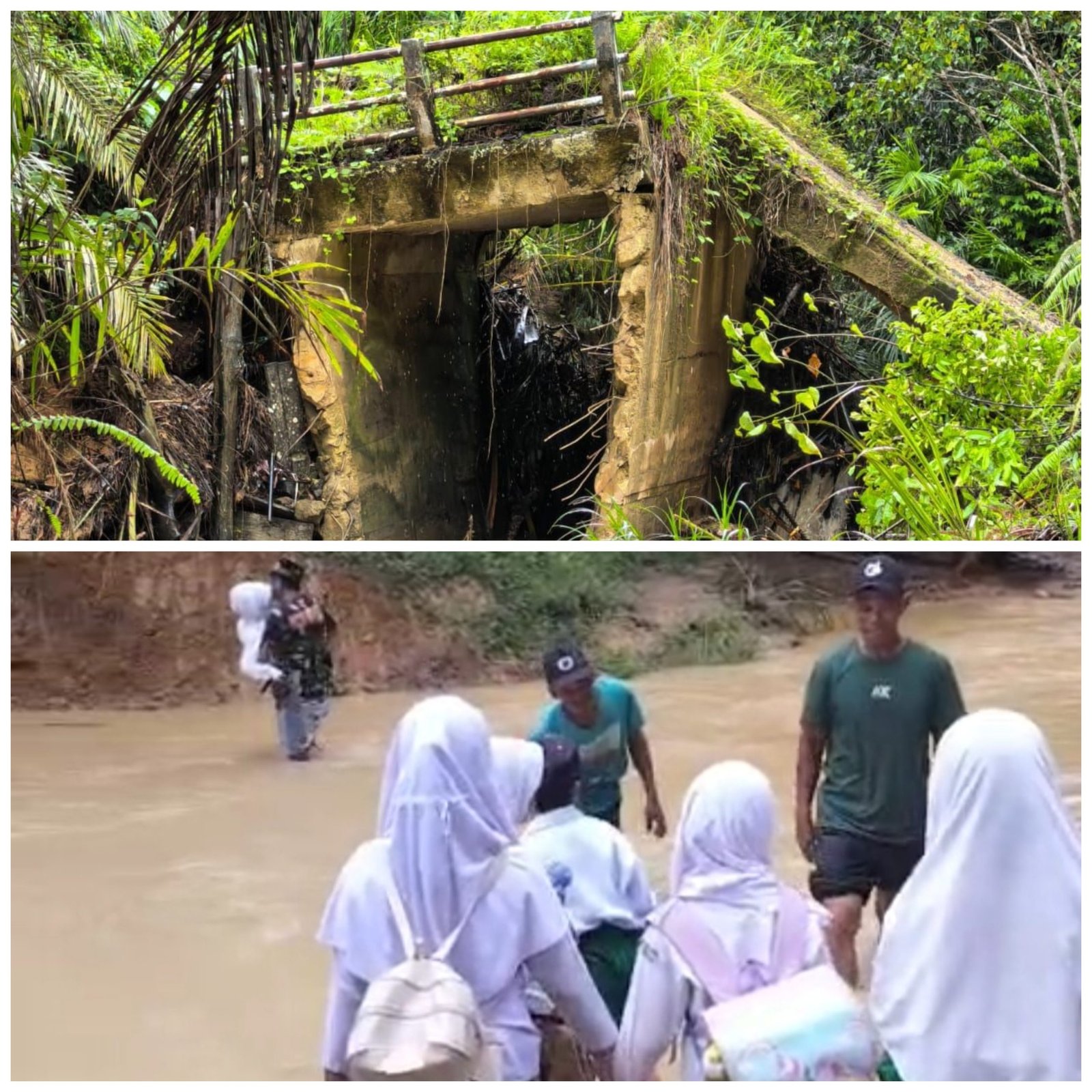 Miris! Jembatan Putus, Orangtua Rela Gendong Anaknya Nyebrang Sungai untuk Masuk Sekolah